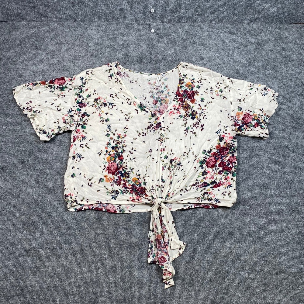LUQ Womens‎ Floral V-Neck Front Tie Knot Cropped Blouse Cream Multi Size Medium